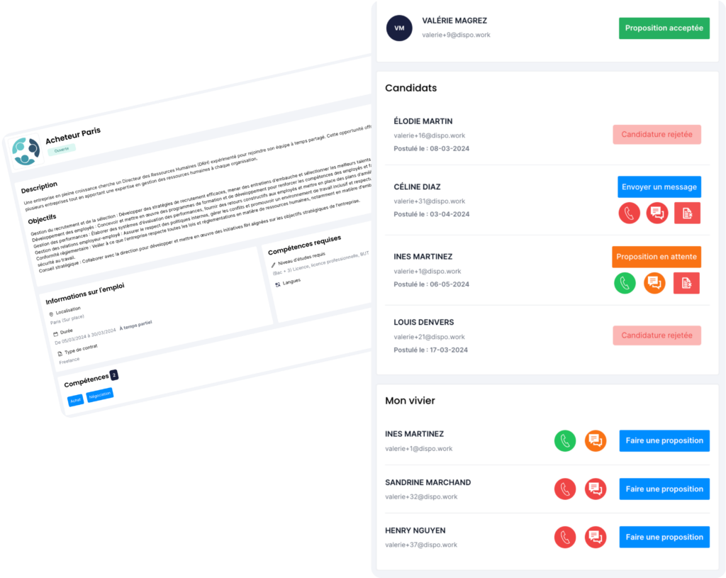 La gestion des projets passe par la mise en avant sur le site et vous permet de trouver dans votre vivier de compétence la personne la plus à même de mener votre mission. Grâce à l’IA vos recherches sont simplifiées. Vous gérez également le processus de sélection.