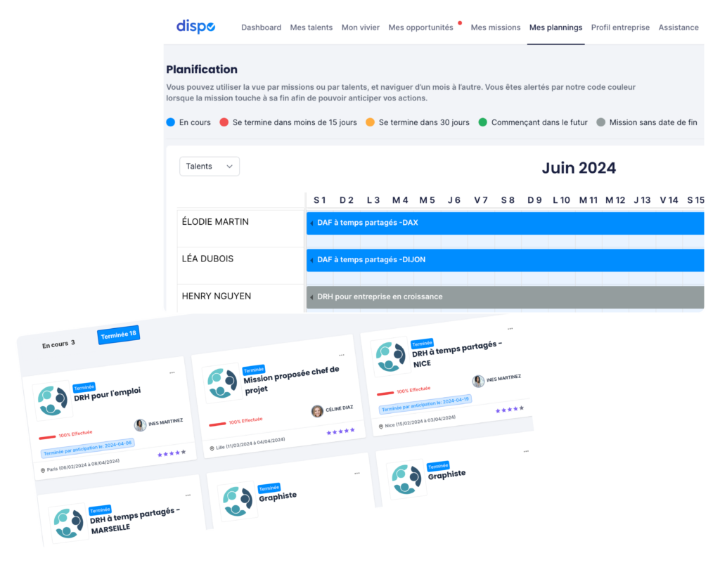 Missions Cette fonctionnalité vous permet de gérer l’onboarding de vos ressources, et le volet administratif notamment la gestion des contrats. Votre planning est mis à jour automatiquement et vous donne une vue par talent ou par mission.